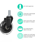 Premium Five Pack Office Chair Caster Wheels With 3/8 Inch 16 Unc Threaded Stem showing durable polyurethane wheel and swivel features.