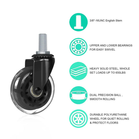 Premium Five Pack Office Chair Caster Wheels With 3/8 Inch 16 Unc Threaded Stem showing durable polyurethane wheel and swivel features.