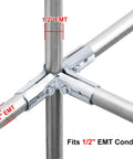 12 Pack Rock Solid Four Way Cross Emt Conduit Connector And One Half Inch Electrical Pipe Clamp Fitting With No Sweat Bolt Kit Low Carbon Steel And Durable Blue Coating For Easy Wiring Installations, showing fittings and conduit fitting together.