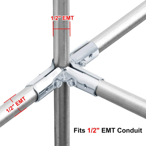 12 Pack Rock Solid Four Way Cross Emt Conduit Connector And One Half Inch Electrical Pipe Clamp Fitting With No Sweat Bolt Kit Low Carbon Steel And Durable Blue Coating For Easy Wiring Installations, showing fittings and conduit fitting together.