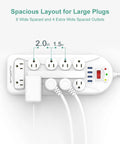14 Outlet Power Strip With USB Ports, 6ft Heavy Duty Cord showing wide spacing and 4 USB ports, mountable design.