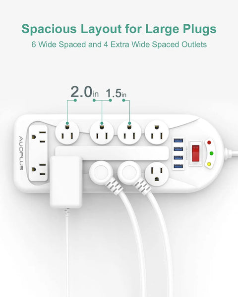 14 Outlet Power Strip With USB Ports, 6ft Heavy Duty Cord showing wide spacing and 4 USB ports, mountable design.
