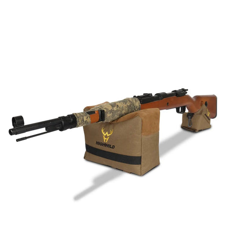 Range Ready Front And Rear Shooting Rest Bags Set Unfilled 900D Oxford Sandbags with rifle, displayed on white surface.