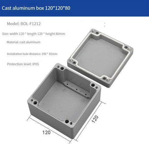 Cast aluminum junction box, 120x120x80 mm, IP65; isometric view with gasket and mounting holes.