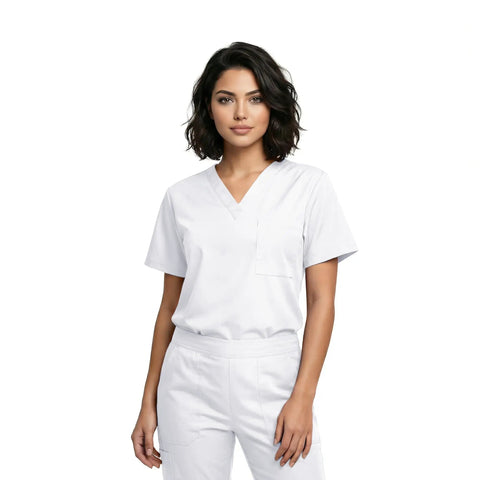 Unisex Relaxed Fit V Neck 3 Pocket Scrub Top With Breathable Side Vents For Nurses Doctors White Medium worn by model, soft knit material.