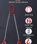 Beefy 2 Ton Grade 80 Alloy Steel Chain Sling 5 Ft Long 2 Leg With Sling Hooks, showing power ring and chain details.