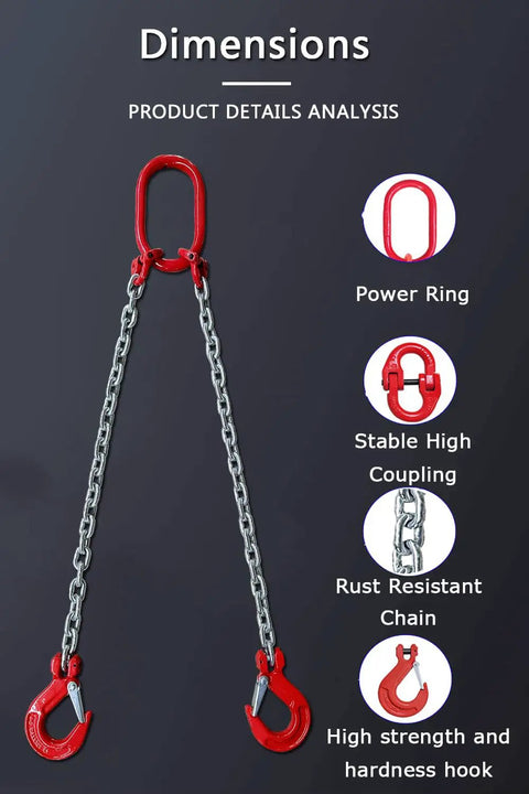 Beefy 2 Ton Grade 80 Alloy Steel Chain Sling 5 Ft Long 2 Leg With Sling Hooks, showing power ring and chain details.