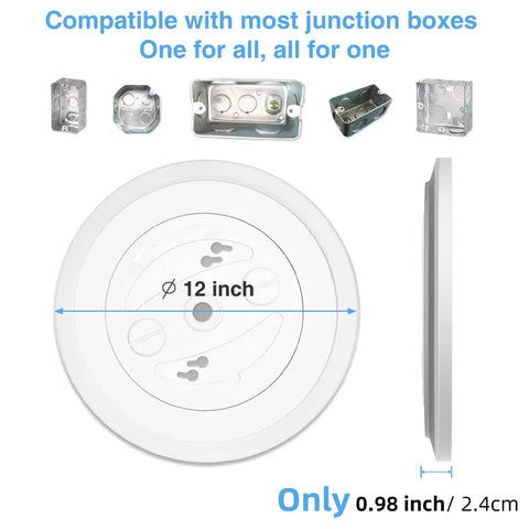 Diagram showing Six Pack 12 Inch Dimmable Flush Mount LED Ceiling Light 28W 3200LM 5000K Daylight White dimensions and thickness.