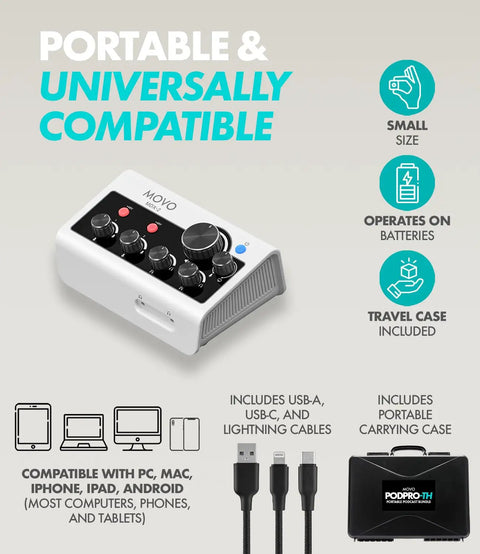 On The Go Podcast Studio Bundle With Dual CastMic Dynamic Mics, compact MDX Two USB Audio Interface with USB-C and travel case