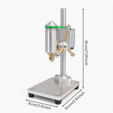 Precision Mini Bench Drill Press With 12V Power Supply For Watch Repair And Tiny Electronics, 18cm tall, aluminum alloy body, compact design.