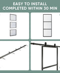 42-Inch By 84-Inch Glass Barn Door With Tempered Clear Glass, Pre-Drilled Carbon Steel Frame, Sliding Barn Door Panel, Includes 7-Foot Hardware Kit And Soft Close, No-Fuss Easy To Install shown in four installation steps