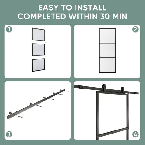 42-Inch By 84-Inch Glass Barn Door With Tempered Clear Glass, Pre-Drilled Carbon Steel Frame, Sliding Barn Door Panel, Includes 7-Foot Hardware Kit And Soft Close, No-Fuss Easy To Install shown in four installation steps