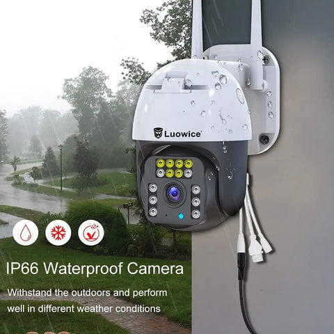 5MP PTZ Outdoor Security Camera With Humanoid Detection mounted in rain showcasing waterproof design