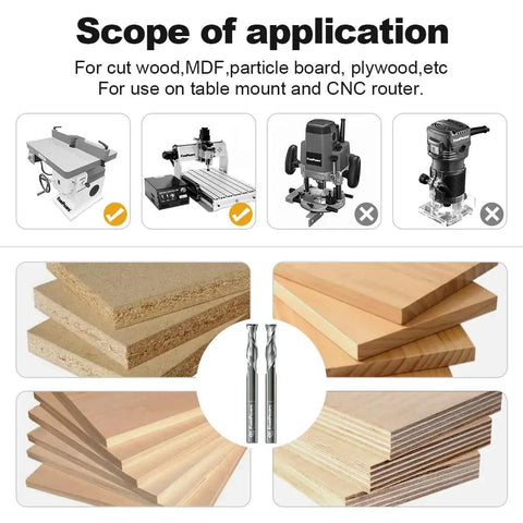 Pro Grade Up Down Cut Spiral Router Bit Set For CNC Machines shown with compatible wood and CNC tools