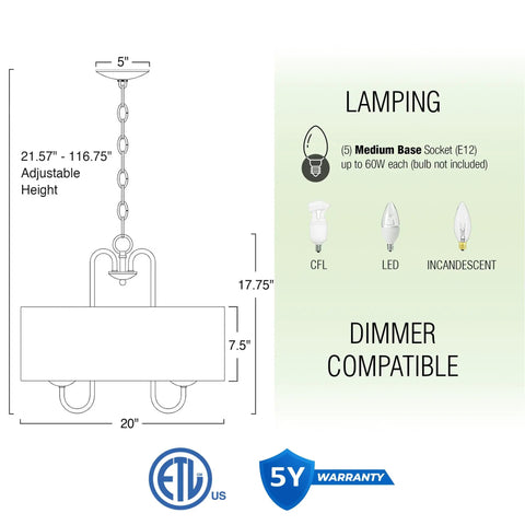 Dimensions and features of Gwenyth 20 Inch Modern Farmhouse 5 Light Drum Chandelier With Oatmeal Linen Shade Rustic Arched Metal Hanging Fixture In Oil Rubbed Bronze Finish For A Warm Cozy Dining Room Vibe.