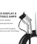 Level 2 EV Charger With 24 Amp Adjustable Output NEMA 10-30 Port showcasing live LCD display and charging cable