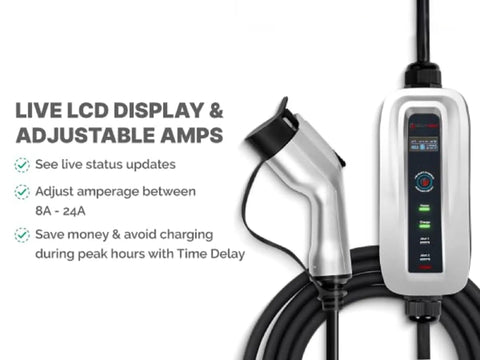 Level 2 EV Charger With 24 Amp Adjustable Output NEMA 10-30 Port showcasing live LCD display and charging cable