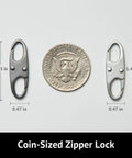 Anti Theft Zipper Clips With Double Opening Carabiner Set next to half dollar coin, size comparison, 4 Pack Zinc Alloy