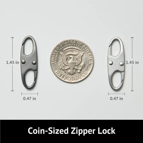 Anti Theft Zipper Clips For Backpacks And Luggage Four Pack with coin for scale, showing 1.45 inches length and 0.47 inches width