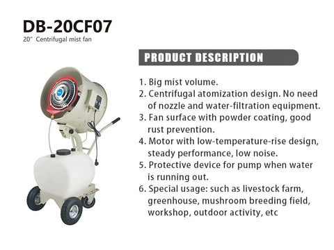 Beat The Heat 20 Inch Portable Misting Fan With Dust Removal For Patios Parks Carnivals And Large Spots showing centrifugal design and wheeled cart.