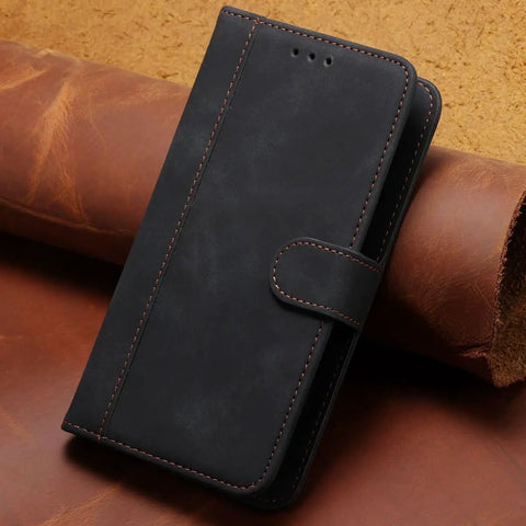 Premium Leather Shell Case For Danew Trace T-One 5 5 Inch with black finish, showcasing front view on leather background.