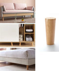 Four Pack Solid Oak Wood Table Legs, Four Inch Tapered Replacement Furniture Feet displayed on a couch and cabinet.