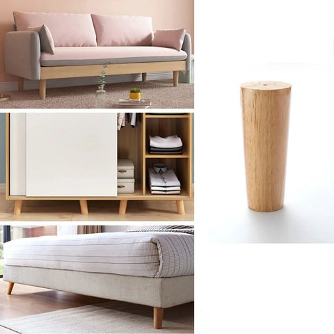 Four Pack Solid Oak Wood Table Legs, Four Inch Tapered Replacement Furniture Feet displayed on a couch and cabinet.