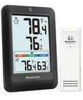 Indoor Outdoor Thermometer Wireless Weather Station With Comfort Indicator For Home And Patio Real Time Indoor Outdoor Temperature And Humidity Readings With One Sensor Easy Setup No Fuss Black showing temperature display and sensor
