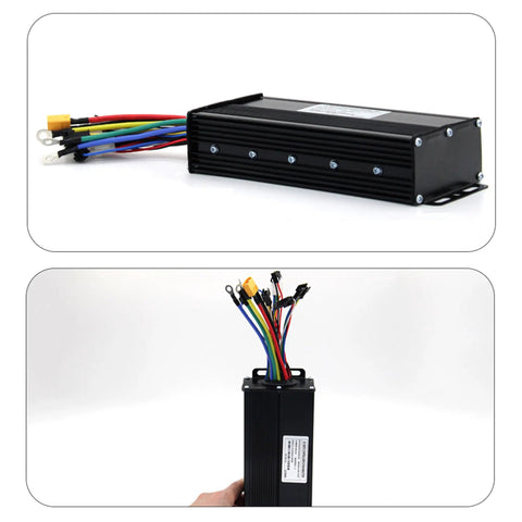 Top and side view of Beefy Ebike Controller 36V 48V 52V 1500W 2000W Sine Wave With Aluminum Housing showing multiple wires
