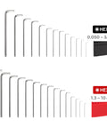 Ball End Hex Key Set With Holders, 28 Piece Inch And Metric Allen Wrenches in Chrome Finish displayed with holders