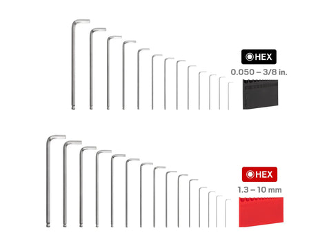 Ball End Hex Key Set With Holders, 28 Piece Inch And Metric Allen Wrenches in Chrome Finish displayed with holders
