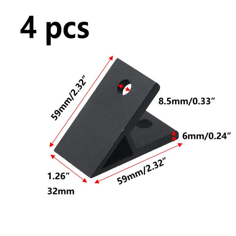 4 Pack 45 Degree Aluminum Corner Brackets For 4040 Profiles Black Aluminum Extrusion Accessories. Dimensions: 59x59x32 mm, 6 mm thick.