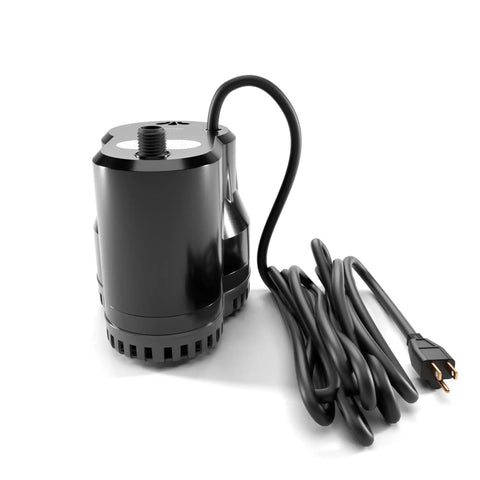 Compact black submersible pool cover pump with 16 ft hose, 75W motor, designed for pools, spas, and hot tubs drainage.