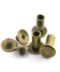 No Sweat Chicago Screws Featuring Phillips Drive Binding Rivets Copper Plated Carbon Steel Fasteners For Leathercraft And Diy Bookbinding Jobs Built Like Iron 5X10Mm Bronze Hardware 50 Pack, showing bronze binding screws.