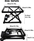 Heavy Duty Electric Scissor Lift Table With Sturdy Painted Steel Frame Hydraulic Platform Rises Smoothly Adjustable Height Workstation size details showing dimensions 40cm/15.74in and 32cm/12.59in.