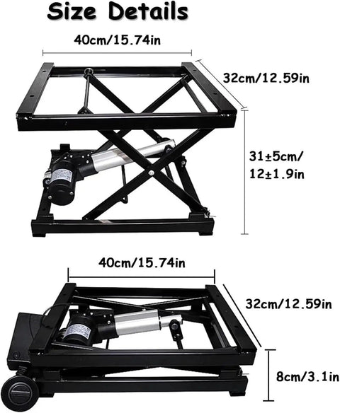 Heavy Duty Electric Scissor Lift Table With Sturdy Painted Steel Frame Hydraulic Platform Rises Smoothly Adjustable Height Workstation size details showing dimensions 40cm/15.74in and 32cm/12.59in.