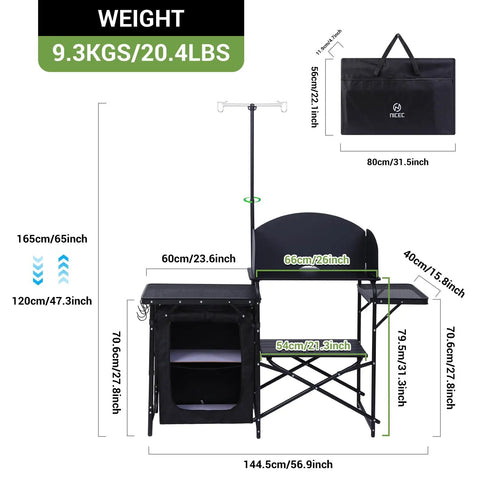 All In One Camping Kitchen Station With Light Stand And Windshield Portable Foldable Grill Table And Cook Station Picnic Table setup with bag