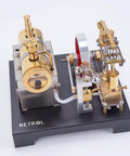 Full Metal Steam Engine Model Kit With Horizontal Boiler on black base showcasing engine and brass components