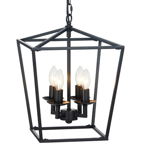 4 Light Farmhouse Lantern Chandelier In Matte Black With Adjustable Chain Rustic Geometric Pendant Light Fixture For Dining Room Living Room Kitchen Foyer Industrial Style Lighting That Elevates Any Decor