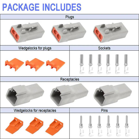 2 Pin IP67 Waterproof Automotive Electrical Connector Kit With 3 Sets, 30 Amp, 12 To 10 AWG Wire, PA66 Nylon Housing, Pure Copper Contacts