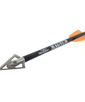 Close-up of 7.5 Inch Magnum Carbon Bolt For Cobra R9 And RX Crossbow, featuring broadheads and orange vanes, ultralight design