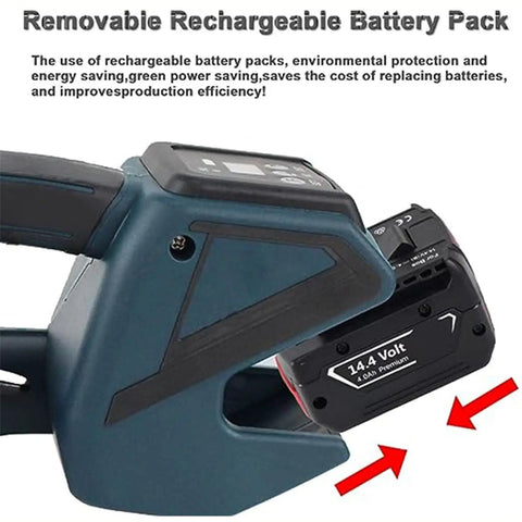 Heavy Duty Electric Strapping Tool For 13Mm To 16Mm Pp Pet Straps showing removable rechargeable battery pack close-up.