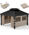 Gazebo Privacy Curtains 10x12 Four Panel Sidewall Set with mesh windows on a pergola, illustrating waterproof fabric and installation detail.