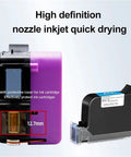 Compact Handheld Label Printer For Bottle Caps And Packaging showing inkjet cartridges with protective covers, quick drying feature.