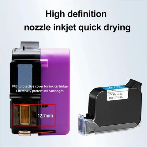 Compact Handheld Label Printer For Bottle Caps And Packaging showing inkjet cartridges with protective covers, quick drying feature.