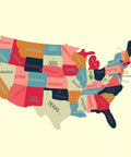 Colorful United States map showing states in vibrant shades, ideal for educational bulletin boards and classroom decor.