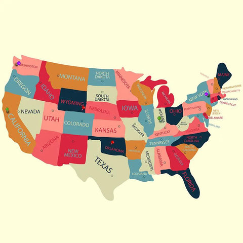 Colorful United States map showing states in vibrant shades, ideal for educational bulletin boards and classroom decor.