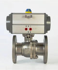 Heavy Duty Stainless Steel Pneumatic Ball Valve With Precision Flange Connection For Scalding Steam Regulation And Bulletproof Industrial Line Shutoffs, front view showing control and flange.