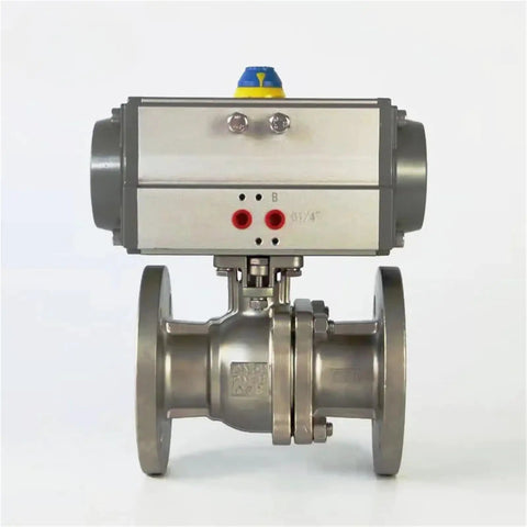 Heavy Duty Stainless Steel Pneumatic Ball Valve With Precision Flange Connection For Scalding Steam Regulation And Bulletproof Industrial Line Shutoffs, front view showing control and flange.