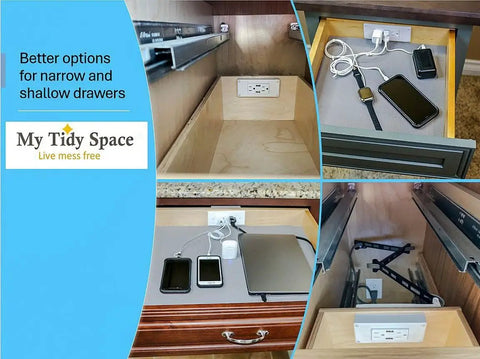 In Drawer Outlet With Cord Management Arm And USB A Ports Two 15 Amp Outlets Fits Narrow And Shallow Drawers shown in use